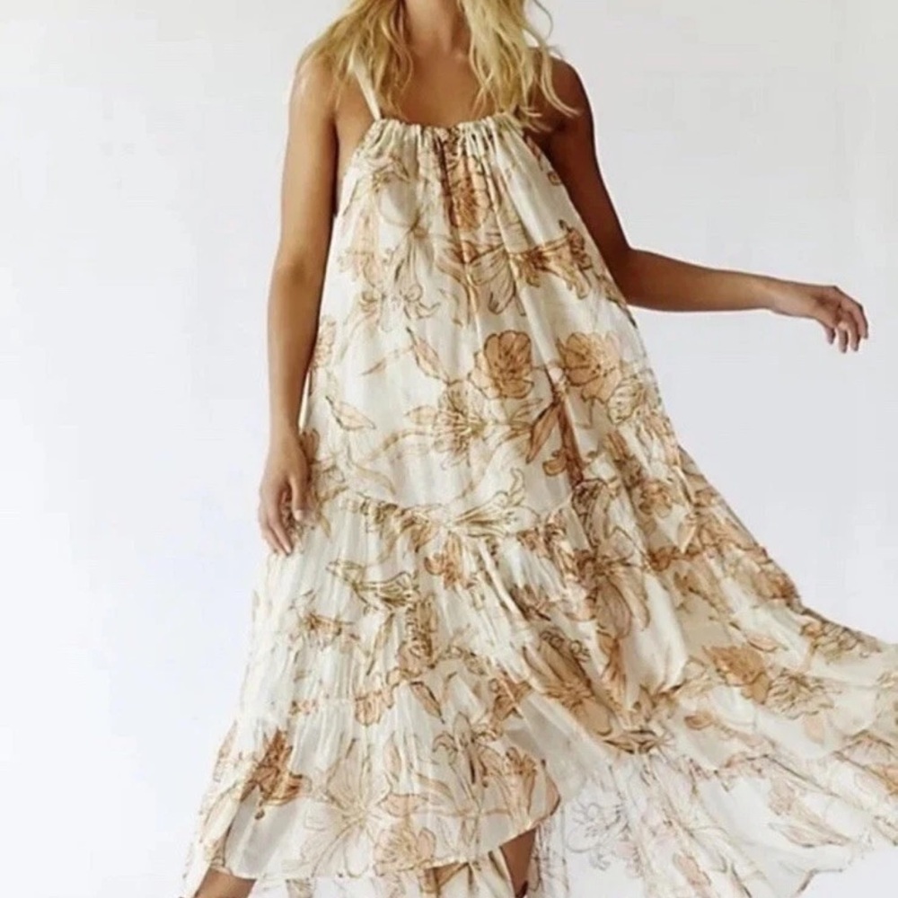Free People Bare It All Floral Maxi Dress in Cream and Brown NEW S
